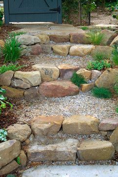 Front Steps Stone, Gravel Steps, Garden With Rocks, Backyard Rock Garden, Stepping Stone Pathway, Rock Steps, Stone Garden Paths, Step Stones, Garden Stairs