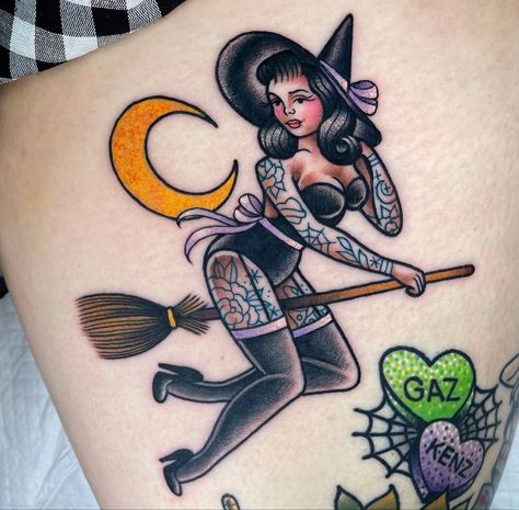 Witch And Cat Tattoo, Witch Pinup Tattoo, 2023 Tattoo, Pinup Tattoo, Vampire Tattoo, Illusion Tattoos, Optical Illusion Tattoos, Wrist Tattoo Ideas, Wrist Tattoo Designs