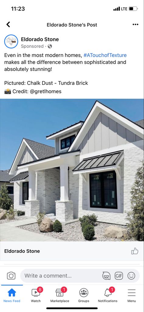 White Brick White Siding Exterior, Exterior House Colors With Light Grey Roof, 2 Story Exterior, Light Grey Brick House Exterior, Light Grey Farmhouse Exterior, White House With Stone Accents, Light Grey Exterior House Colors, Gray Brick House Exterior, Blue House Exterior