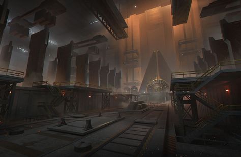 Robot Factory Concept Art, Fantasy Factory Concept Art, Fantasy Factory Art, Dark Factory Aesthetic, Training Grounds Concept Art, Steampunk Factory Concept Art, Scifi Facility, Fortress Aesthetic, Cyberpunk Factory