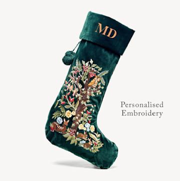 Embroidery On Velvet, Baby Christmas Stocking, Embroidered Christmas Stocking, Traditional Christmas Stockings, Harrods Christmas, Unique Christmas Stockings, Embroidered Stockings, Baby Stocking, Kitsch Christmas