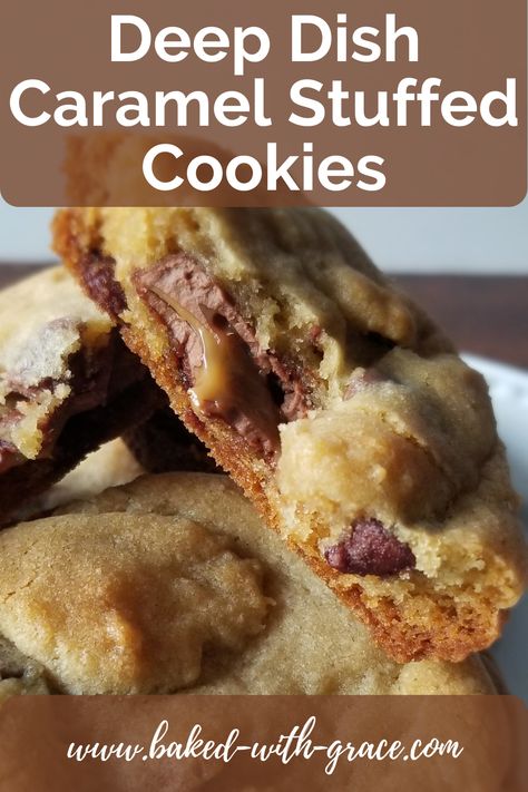 Double the chocolate chip cookie, stuffed with caramel, count me in! Caramel Stuffed Cookies, Stuffed Cookies, Filled Cookies, Deep Dish, Chocolate Chip Cookie, Cookie Bars, Chip Cookies, Chocolate Chip Cookies, Chocolate Chip