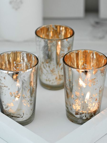 mercury glass Classic Rustic Decor, Mercury Votives, Candles Jars, Cheap Centerpieces, Mercury Glass Diy, Mercury Glass Votives, The Light Is Coming, Glass Votives, Glass Votive Candle Holders