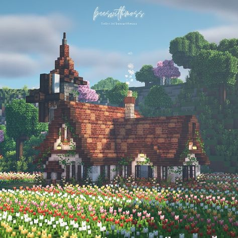 jules (any pronouns) on Instagram: “Happy Saturday, everyone! ~🌿💐 Taking a little break from the autumn themed builds, today I bring this cute tulip manor. It's almost spring…” Cute Things To Build In Minecraft, Minecraft Printables, Minecraft Interior, Minecraft Structures, Minecraft Banner Designs, Aesthetic Cottage, Any Pronouns, Happy Saturday Everyone, Minecraft Banners