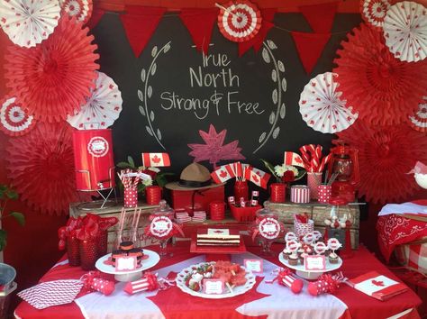 O Canada! party by CatchMyParty.com - Like the red and white paper rosettes! Event Planning Board, Canadian Decor, Canada Party, Canada Decor, Canadian Party, Canada Birthday, Canada Day Party, Bbq Party Food, Cheap Party Decorations