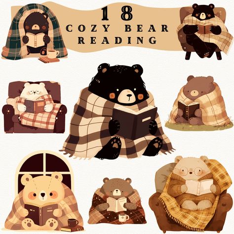 Looking for charming design for a bookworm themed project?  This Cozy Reading Bear clipart set is just the thing to infuse your projects with a warm, cozy vibe! This endearing collection showcases sweet illustrations of book loving bears, perfect for adding a touch of comfort to your designs. Each clipart is meticulously crafted, featuring intricate details like cozy blankets, adorable bears, and delightful brown hues. Whether you're creating invitations, decor for a cozy gathering, or simply sp Bookworm Clipart, Digital Bullet Journal, Sticker Transparent, Bear Clipart, Art Mignon, Cartoon Png, Stickers Kawaii, Bear Illustration, Woodland Friends