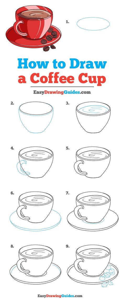 Learn How to Draw a Coffee Cup: Easy Step-by-Step Drawing Tutorial for Kids and Beginners. #CoffeeCup #DrawingTutorial #EasyDrawing See the full tutorial at https://easydrawingguides.com/how-to-draw-a-coffee-cup/. Draw A Coffee Cup, Ako Kresliť, Coffee Cup Drawing, Easy Drawing Guides, Coffee Cup Art, Drawing Guides, Easy Drawing Tutorial, Coffee Drawing, Drawing Tutorials For Kids