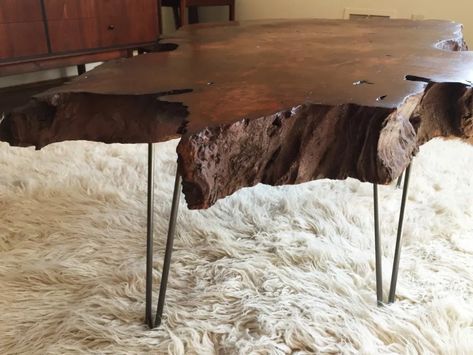 Burl Table, Burl Coffee Table, Redwood Slabs, Home Hair Salons, Redwood Burl, Unique Table, Unique Tables, Table Modern, Raw Steel