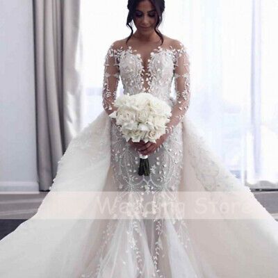 For standard size dress. Black People Wedding Dresses, Mermaid Wedding Dress With Overskirt, Luxury Wedding Dress Mermaid, Mermaid Wedding Dress With Train, Detachable Train Wedding Dress, Crystal Wedding Dresses, Glam Wedding Dress, Modest Bride, Long Sleeve Bridal Gown