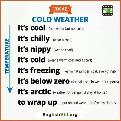 Useful Vocab about #Cold #weather Hows winter in your Country ? Its snippy here  . . #winter #cold #coldweather #vocab #vocabulary #englishvid #fun #English #learn #learn #language #school #test #exam #course #onlinecourse #freeenglish #british #esl #ielts #ahmadrabiee #learnEnglish #speakenglish #onlineEnglish #toefl #englishteacher Weather Vocabulary, English Vinglish, Conversational English, English Vocab, English Fun, Good Vocabulary Words, English Language Teaching, English Writing Skills, English Tips