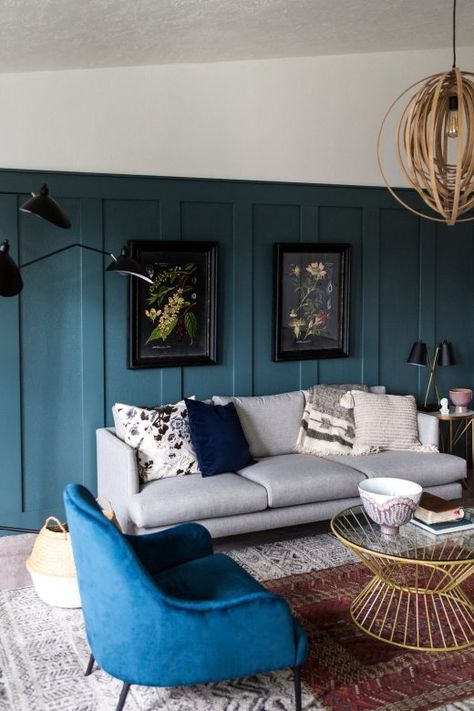 Simply Grove One Room Challenge Fall 2017. Modern eclectic living room with teal wall. Farmhouse Wall Paneling, Wall Paneling Design Ideas, Wall Paneling Design, Paneling Design, Elegant Farmhouse, Small Living Room Layout, Contemporary Living Room Design, Ideas For Living Room, One Room Challenge