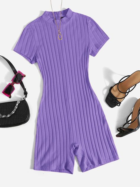 Violet Purple   Short Sleeve Cotton Plain  Embellished Slight Stretch Summer Women Jumpsuits & Bodysuits Adrette Outfits, Cute Dress Outfits, Purple Outfits, Easy Trendy Outfits, Knitted Romper, Simple Trendy Outfits, Cute Simple Outfits, Teenage Fashion Outfits, Preppy Outfits