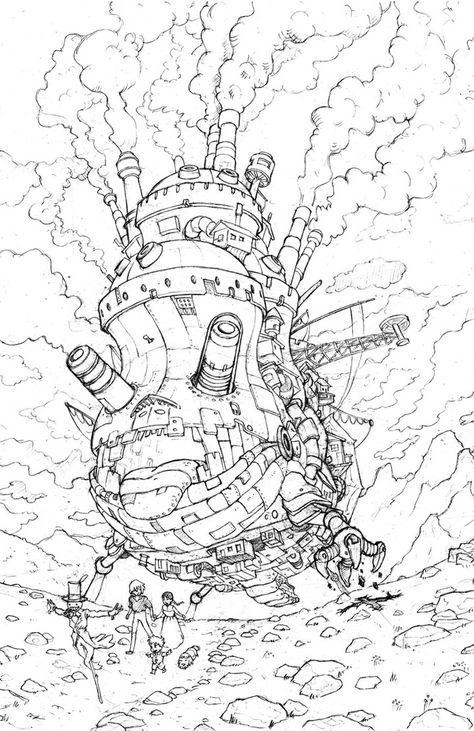 Castle Sketch, Castle Coloring Page, 하울의 움직이는 성, Castle Tattoo, Garden Coloring Pages, Castle Drawing, Ghibli Tattoo, Ghibli Artwork, Doodle Art Drawing