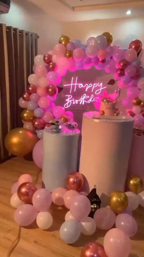 Balloon Arch Video, Pink And Gold Balloon Arch, Arch Video, Happy Birthday Party Ideas, Birthday Party Ideas Pink, Gold Balloon Arch, Surprise Birthday Decorations, 18th Birthday Party Themes, 18th Birthday Decorations