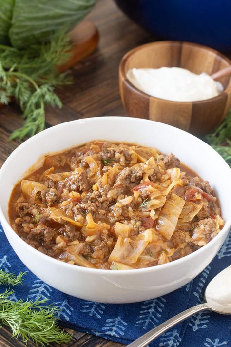 Classic Stuffed Cabbage Soup Stuffed Cabbage Soup Recipe, Stuffed Cabbage Soup, Easy Cabbage Soup, Cabbage Soup Recipe, Cabbage Roll, Canning Diced Tomatoes, Stuffed Cabbage, Coleslaw Mix, Cabbage Rolls