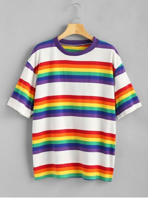 Rainbow Stripe Oversized Tee - MULTI ONE SIZE Rainbow Clothing, Kids Rainbow, Rainbow Tee, Rainbow Outfit, Drop Shoulder Tee, Pride Outfit, Rainbow Shirt, Round Neck Tees, Rainbow Kids