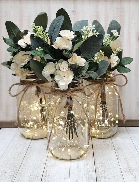 Jar Centerpiece Wedding, Barn Wedding Centerpieces, Wood Wedding Decorations, Mason Jar Centerpiece, Western Themed Wedding, Wedding Wine Bottles, Church Wedding Decorations, Jar Centerpieces, Barn Wedding Decorations