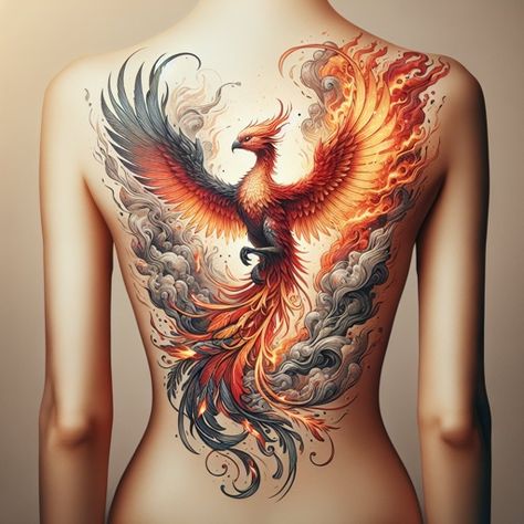 Phoenix Tattoo Design Back, Phoenix And Flames Tattoo, Phoenix Rising From Flames Tattoo, Maleficent Phoenix Tattoo, Phinox Bird Back Tattoo, Phoenix Tattoo Back Women, Phoenix Tattoo On Back, Phoenix Back Tattoo Women, Phenix Birds Tattoo