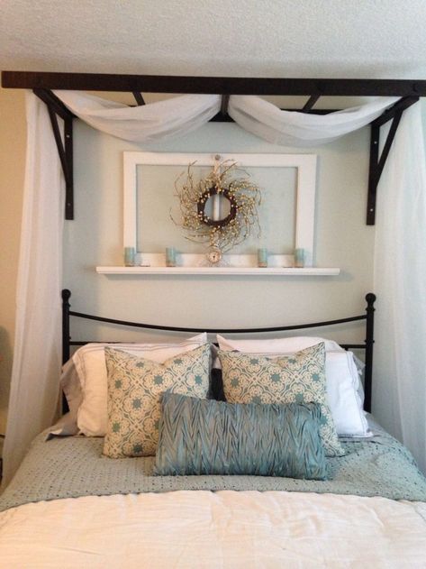 Pin on Bedroom Diy Headboard Ideas In Front Of Window, Shelf Around Top Of Room Bedrooms, Ladder Canopy Over Bed, Canopy In Bedroom, Ladder Headboard Ideas, Guest Bedroom Shelf Decor, Ladder Over Bed, Mobile Home Decorating Bedroom, Faux Headboard Ideas