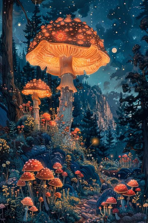 Fairy Mushroom Art, Hippie Mushroom Art, Spooky Forest Aesthetic, Ethereal Mushrooms, Mushroom Forest Painting, Witch Art Aesthetic, Mushroom Forest Art, Spooky Mushrooms, Mushroom Items