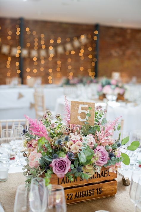 Crate Flowers Pink Hessian Table Number Pastel Country Garden Wedding http://www.katherineashdown.co.uk/ Amazing Wedding Centerpieces, Ideas Casamiento, Rustic Wedding Details, Cheap Wedding Centerpieces, Country Garden Weddings, Wedding Table Flowers, Rustic Centerpieces, Rustic Wedding Centerpieces, בר מצווה