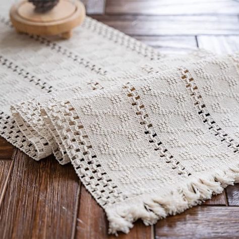 【Design】The boho table runner features delicate beige and cotton weaved hollow striped cotton fabric with tassel, giving a minimalist feel and boho charm, to give your table a new look. Upgrade your interior design today. 【Material】The table runner Home decor is made of high quality natural cotton, linen and polyester, thick,durable,reusable,soft skin-friendly, eco-friendly. Hand Woven Table Runner, Bohemian Dining Room Decor, Farmhouse Table Runner, Macrame Table, Boho Table Runner, Rustic Table Runners, Rustic Farmhouse Table, Farmhouse Table Runners, Boho Table