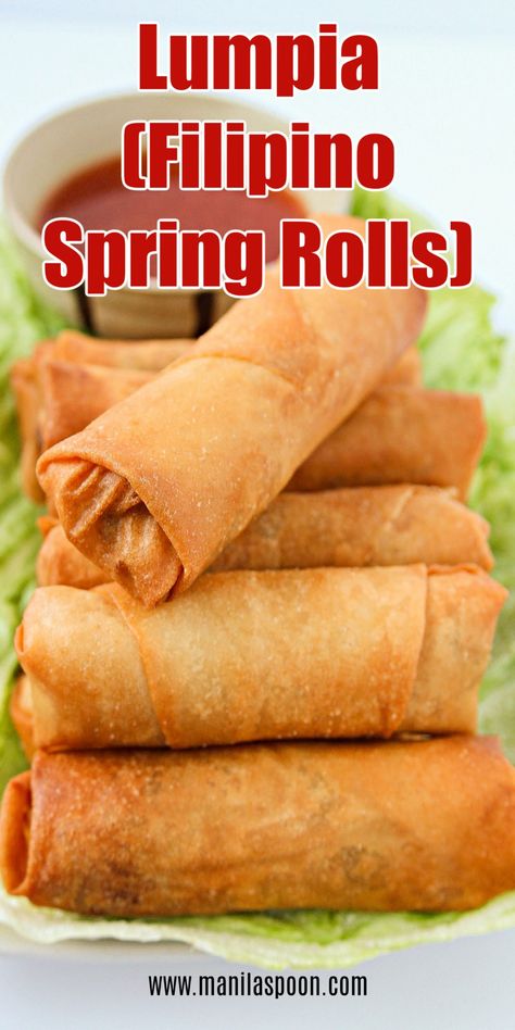 Lumpia (Filipino Vegetarian Spring Rolls) - Manila Spoon Vegetarian Lumpia Recipe Filipino, Easy Lumpia Recipe, Lumpia Recipe Filipino, Filipino Spring Rolls, Lumpia Filipino, Philippine Food, Vegetarian Spring Rolls, Lumpia Recipe, Vegetarian Oyster Sauce