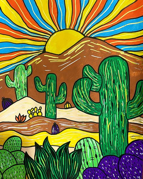 Painting Ideas Mexican, Mexico Drawing Ideas, Easy Western Paintings, Cactus Mural, Cacti Painting, Desert Drawing, Mexican Paintings, Western Paintings, Cactus Painting