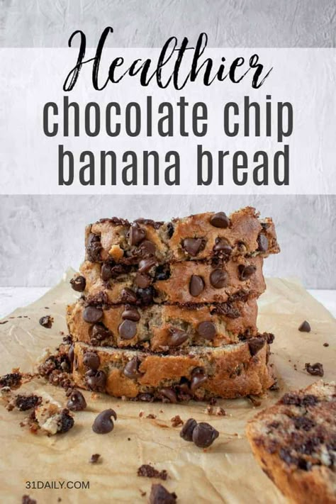 This Chocolate Chip Banana Bread recipe is moist and tender and homey and delicious with melty chocolate and fresh bananas with a hint of maple cinnamon. Healthier Chocolate Chip Banana Bread | 31Daily.com #quickbread #bananabread #chocolatechips #comfortfood #31Daily Healthy Banana Dessert, Healthy Banana Bread Recipe, Chocolate Chip Banana Bread Recipe, Strawberry Oatmeal Bars, Banana Bread Recipe Healthy, Healthy Chocolate Chip, Chocolate Chip Banana, Banana Dessert, Healthy Banana Bread