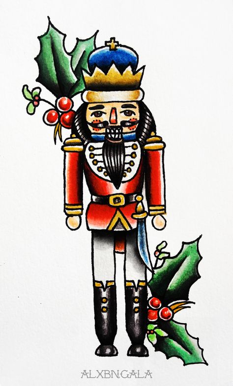 "King Nutcracker" by: Alejandra L Manriquez. | #tattoo #christmas #tattooflash Traditional Ladybug Tattoo, Nutcracker Tattoo, Van Tattoo, Ladybug Tattoos, Nutcracker Decorations, Christmas Tattoos, King Nutcracker, Tattoo Mom, Ladybug Tattoo