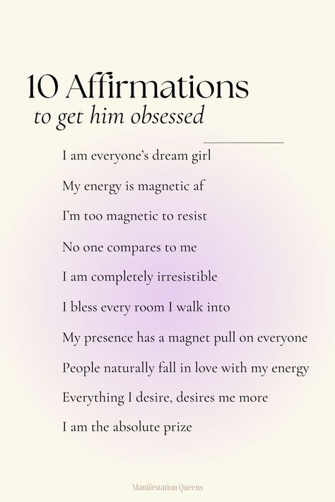 Click to learn daily techniques to manifest your specific partner and make him obsessed with you. Love affirmations to make him obsessed. Manifest A Guy To Like You, Positive Love Affirmations Relationships, Love Spell Affirmations, Manifest Dream Man, Manifestation For Him, Love Affirmations For Him, Affirmations For My Husband, Manifestation Him, How To Manifest Him