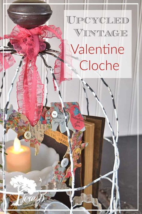 Valentine Assemblage Vintage, Vintage Valentine Crafts, Cloche Decor, Vintage Valentines Decorations, Upcycled Garden, Conversation Hearts Candy, Valentine Centerpieces, Faux Candles, Diy Valentine's Day Decorations