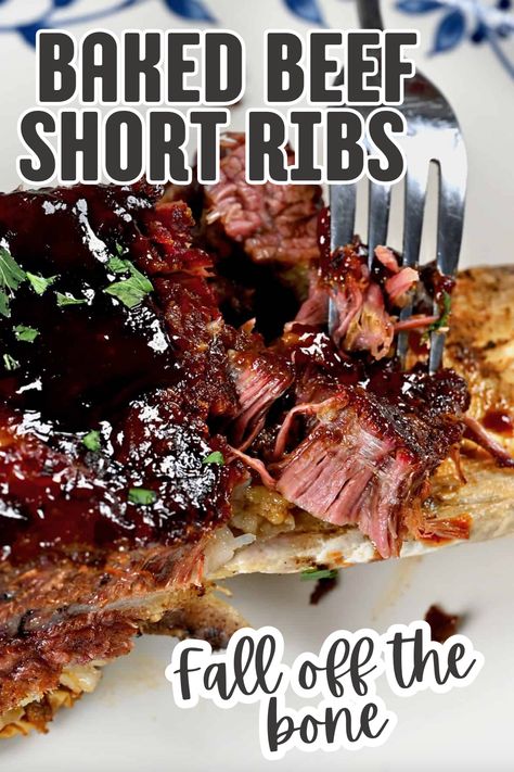 Testing baked beef short ribs falling off the bones, coated in BBQ sauce. Baked Beef Short Ribs, Short Ribs In The Oven, Cooking Short Ribs, Ribs In The Oven, Best Oven, How To Cook Beef, Crowd Pleasing Recipes, Short Rib, Homemade Spices