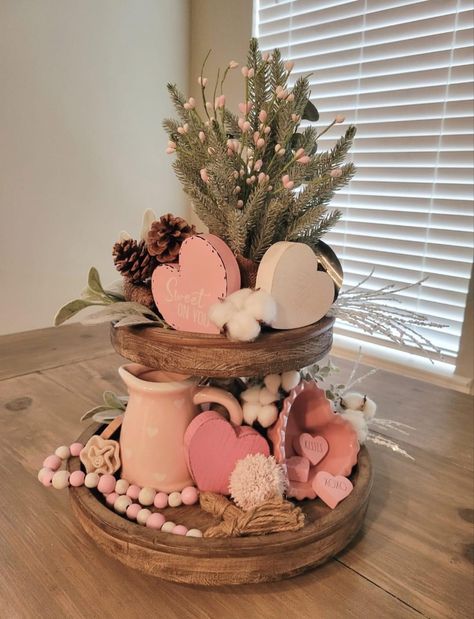 Valentine Shelf Decor, Valentines Tray Decor, Valentine Decorating Ideas, February Decor, Valentine Centerpieces, Valentine Table Decorations, Easy Valentine Crafts, Diy Valentine's Day Decorations, Tier Trays