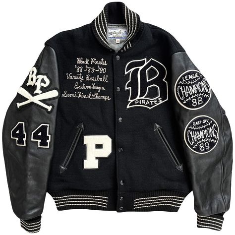 "Whitesville Varsity Jacket Vintage wool varsity jacket by Toyo Enterprise. 1989-1990 Black Pirates Baseball Team. 30 oz melton wool body. Chenille patches. Real leather sleeves. Detailed embroidery. Size 40 / L. Pit to pit 23\". Length 25\"." Black Pirates, Varsity Jacket Outfit, Vintage Varsity Jacket, Chenille Patches, Pirates Baseball, College Jackets, Concept Clothing, Varsity Jacket Men, Guys Clothing Styles