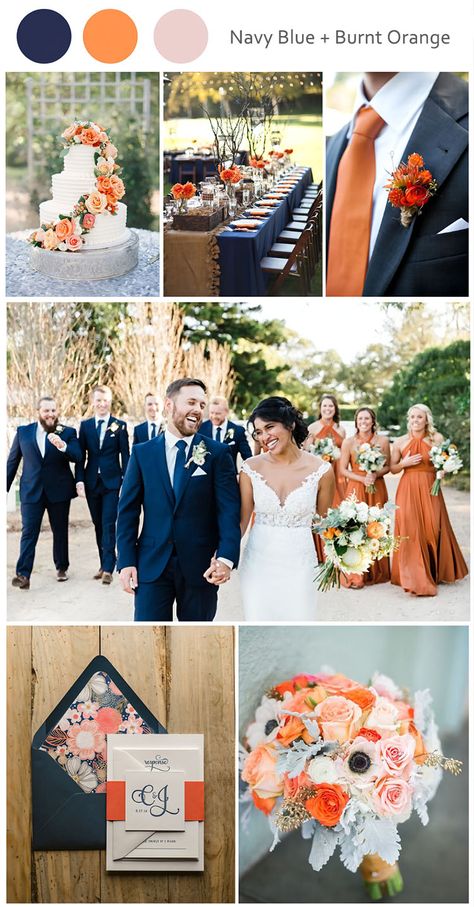 ❤️ 18 Best Orange Wedding Color Schemes for 2023 🧡 Blue And Burnt Orange Wedding, Orange Wedding Color Scheme, Orange And Blue Wedding, Blue Orange Weddings, Blue Fall Wedding, Burnt Orange Wedding, Orange Wedding Colors, Fall Wedding Color Schemes, Wedding Color Scheme