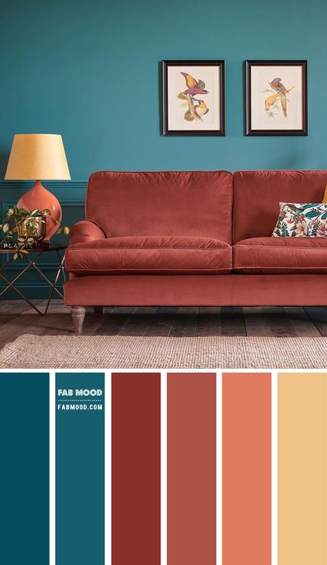 Teal Living Room Color Scheme, Teal Sofa Living Room, Terracotta Living Room, Teal Living Room Decor, Teal Living Rooms, Color Palette Living Room, Teal Sofa, Living Room Orange, Teal Walls