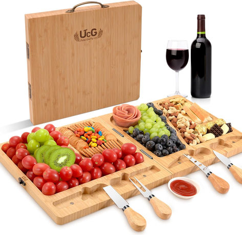 Plenty of Room: With a unique foldable design, The unfolded cheese board set measures 22.8*11.4 inches, which is a larger area than other charcuterie board set, suitable for 6-10 women. Also the cheese boards charcuterie boards comes with extra 2 forks,2 knifes and one porcelain bowl to meet everyone meal need. Note: Food is not included in the package. Thanksgiving Picnic, Unique White Elephant Gifts, Cheese Board Gift Set, Boards Charcuterie, Cheeseboard Gift, Charcuterie Gifts, Cheese Board Set, Holiday Hostess Gifts, Bamboo Construction