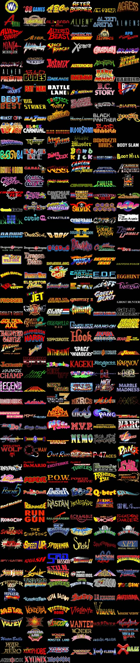 Video game titles that were usually found on arcade cabinets or cartridges in the 90's and earlier. Arcade games usually meant to bring kids in to spend money on a inevitably difficult games and stockpile change. Typefaces were usually deigned to reel them in too. Game Logos, Arcade Room, Gfx Design, Arcade Video Games, Bubble Shooter, Arcade Cabinet, Vintage Video Games, Game Title, Classic Video