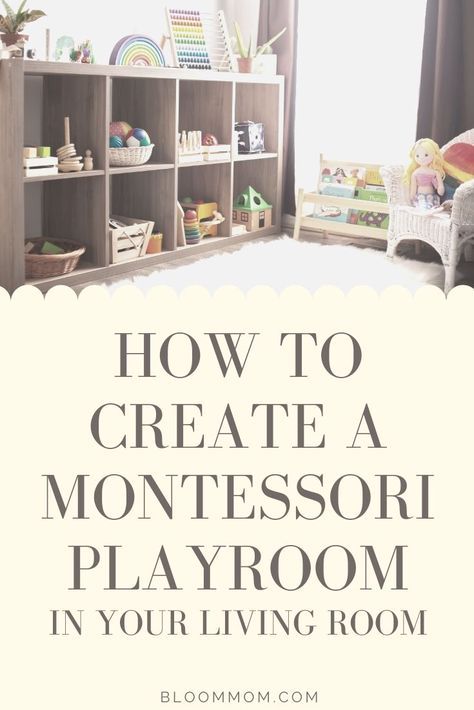 Play Area In Living Room Boho, Montessori Playroom In Living Room, Play Area In Small Space, Montessori Living Room Play Area, Montessori Toy Shelf Living Room, Small Play Space In Living Room, Small Space Montessori Living Room, Kallax Montessori Toy Storage, Play Area Ideas Living Room