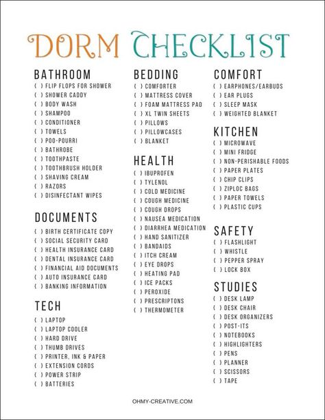 Dormitory Design, Packing List Free Printable, College Dorm List, Dorm List, College Packing List, College Dorm Checklist, Dorm Room Checklist, Dorm Checklist, College Necessities