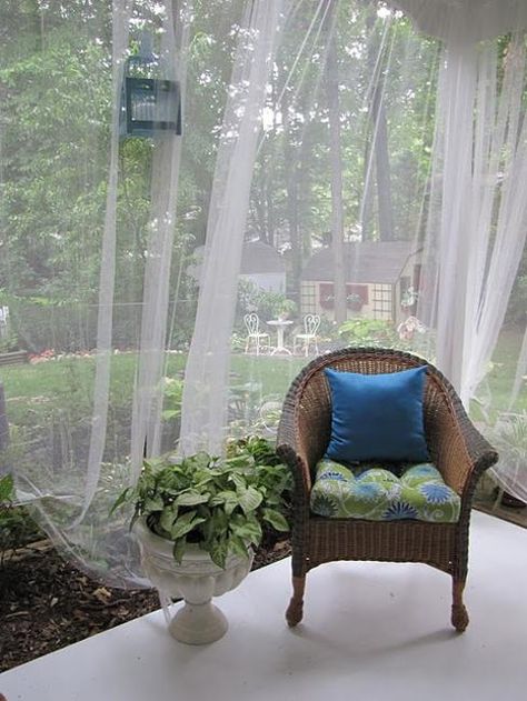 Mosquito nets are wonderful summer decorating ideas Mosquito Net Ideas, Mosquito Netting Patio, Balcony Designs, Mosquito Curtains, Balkon Decor, Porch Curtains, Building A Porch, Patio Curtains, Porch And Balcony