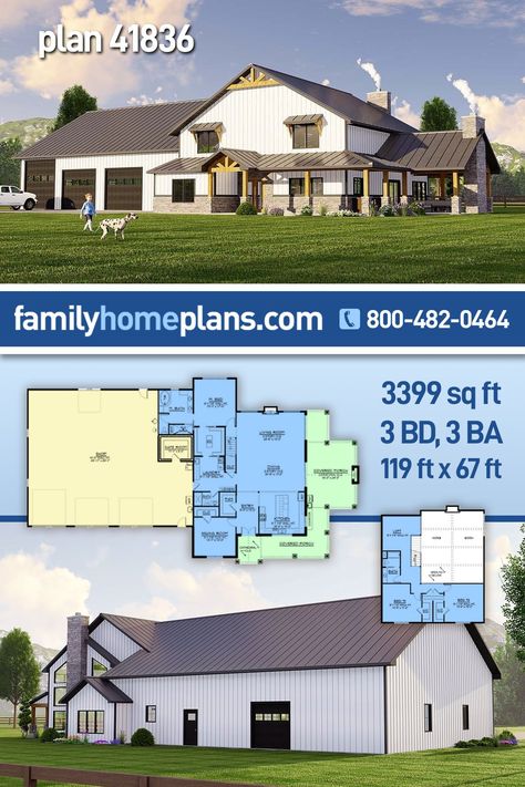 Barndominium Style House Plan 41836 with 3399 Sq Ft, 3 Bed, 3 Bath, 3 Car Garage Sustainable House Plans, 2 Story Barndominium, Barndominium Plans, Barn Living, Pole Barn House Plans, Barn Style House Plans, Barndominium Floor Plans, Safe Room, Shop House Plans