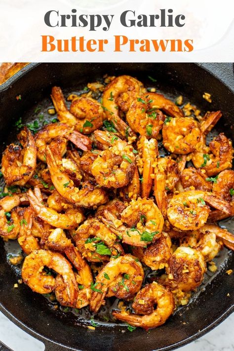 These crispy garlic prawns are simply the BEST! This recipe is a combination of two of my favourite dishes - Hawaiian garlic shrimp and Spanish prawns (gambas al ajillo) - taking the best from each. Seasoned, crispy buttery prawns coated in garlicky oil and drizzled with a touch of lemon. The flavours are out of this world! Spanish Garlic Prawns, Spanish Prawns, Hawaiian Garlic Shrimp, Dairy Free Cooking, Prawn Dishes, Crispy Garlic, Garlic Prawns, Mind Diet, Prawn Shrimp