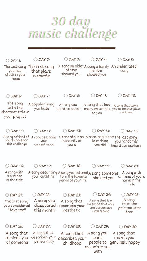 A song challenge i created combining other song challenges and my own ideas Daily Song Challenge, What Song Am I To You, 31 Day Song Challenge, Playlist Prompts, Song Questions, Candy Jem, Music Questions, Months Song, 30 Day Music Challenge