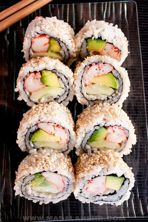 California Roll Sushi Recipe - How to make and roll an inside out Japanese maki sushi from scratch. With imitation crab, sushi rice, mayo. Healthier Asian dinner meal quick and easily prepared at home. www.MasalaHerb.com California Roll Sushi Recipe, Sushi Recipe Video, Lobster Sushi, Spicy California Roll, Crab Sushi, California Roll Sushi, Healthy Sushi, Sushi Recipes Homemade, Maki Sushi