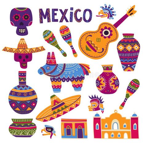 Vector set of Mexican symbols. Vector colorful set of traditional symbols of Mex #Sponsored , #Sponsored, #SPONSORED, #set, #traditional, #Mex, #Mexican Carnival Artwork, Mexican Symbols, Symbols Illustration, The Day Of The Dead, Mexican Crafts, Cultural Architecture, Mexican Culture, Decorative Design, Mexican Art