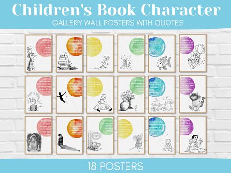 Children's Book Character Gallery Wall Posters, Rainbow Watercolor, Printable Classroom Decor, Instant Download - Etsy Israel Book Character Classroom Decor, Book Character Posters For Classroom, Book Character Posters, Posters With Quotes, Art Class Posters, Childrens Book Characters, Children's Book Characters, Elementary Books, Character Posters