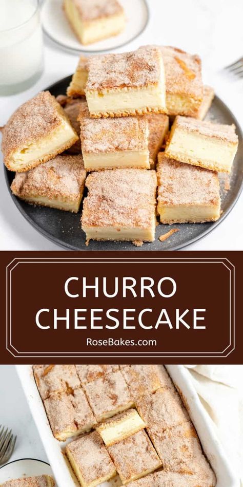 Easy Churro Cheesecake Bars (with Crescent Rolls) Easy Churro Cheesecake, Cheesecake Churro, Churro Cheesecake Bars, Sopapilla Cheesecake Bars, Cheesecake Bars Easy, Bars Dessert, Churro Cheesecake, Ketogenic Desserts, Cheesecake Bar Recipes