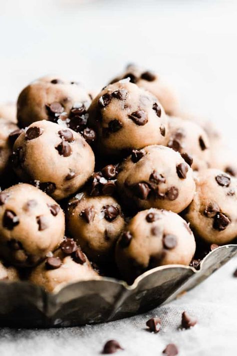 no bake cookie dough bites - Blue Bowl No Bake Cookie Dough Bites, Eggless Cookie Dough Recipe, Edible Cookie Dough Bites, Edible Chocolate Chip Cookie Dough, Chocolate Chip Cookie Dough Bites, Eggless Cookie Dough, No Bake Cookie, Eggless Chocolate Chip Cookies, Easy Treats To Make